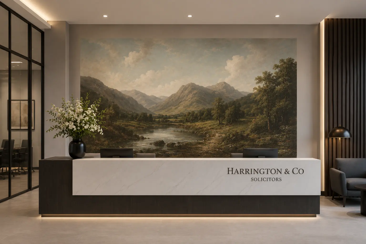 Law firm reception wall printed with a classical landscape painting mural behind the desk