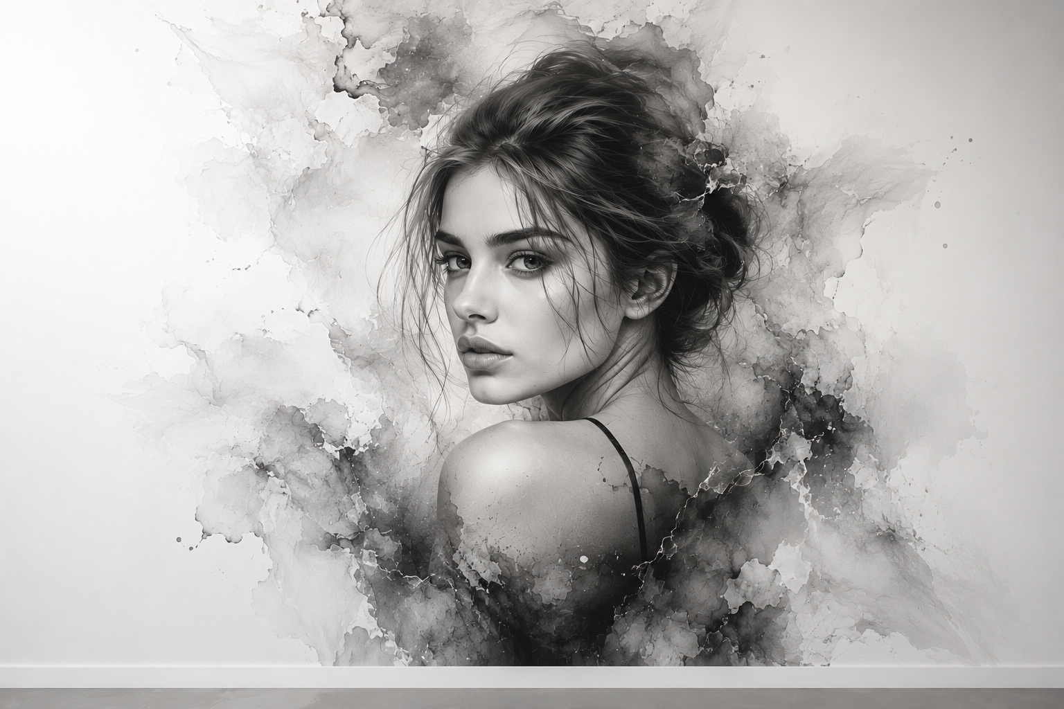 Fine art black and white portrait artwork prepared for direct-to-wall printing