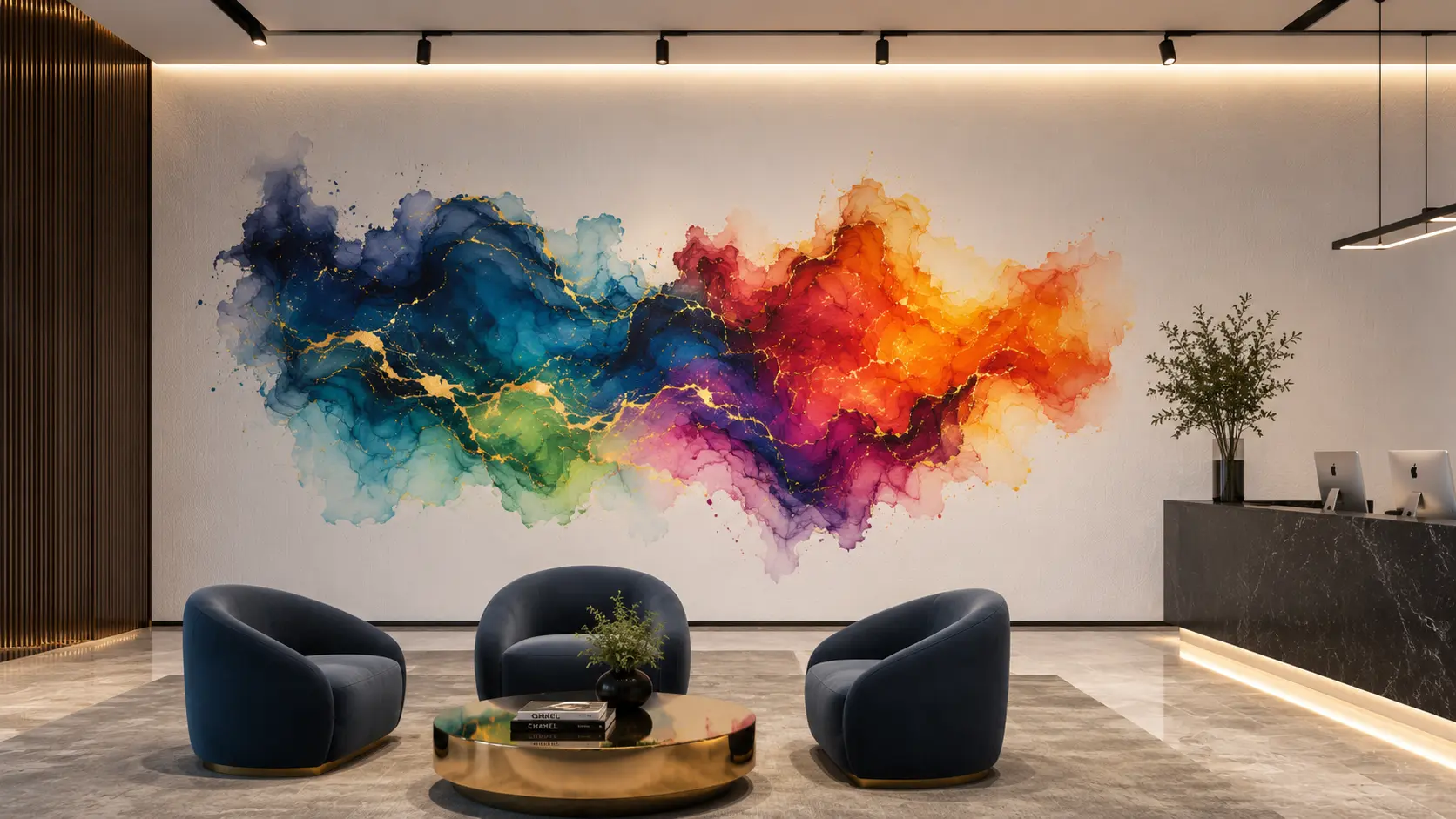 Waiting area wall printed with a vibrant abstract ink-effect mural design