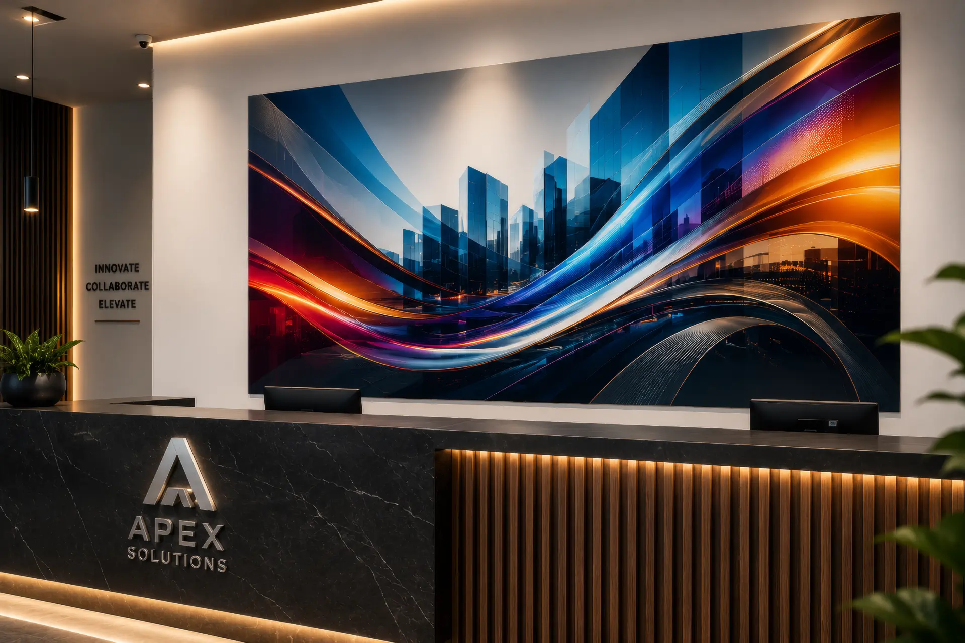 Technology company reception wall printed with a futuristic abstract neon mural