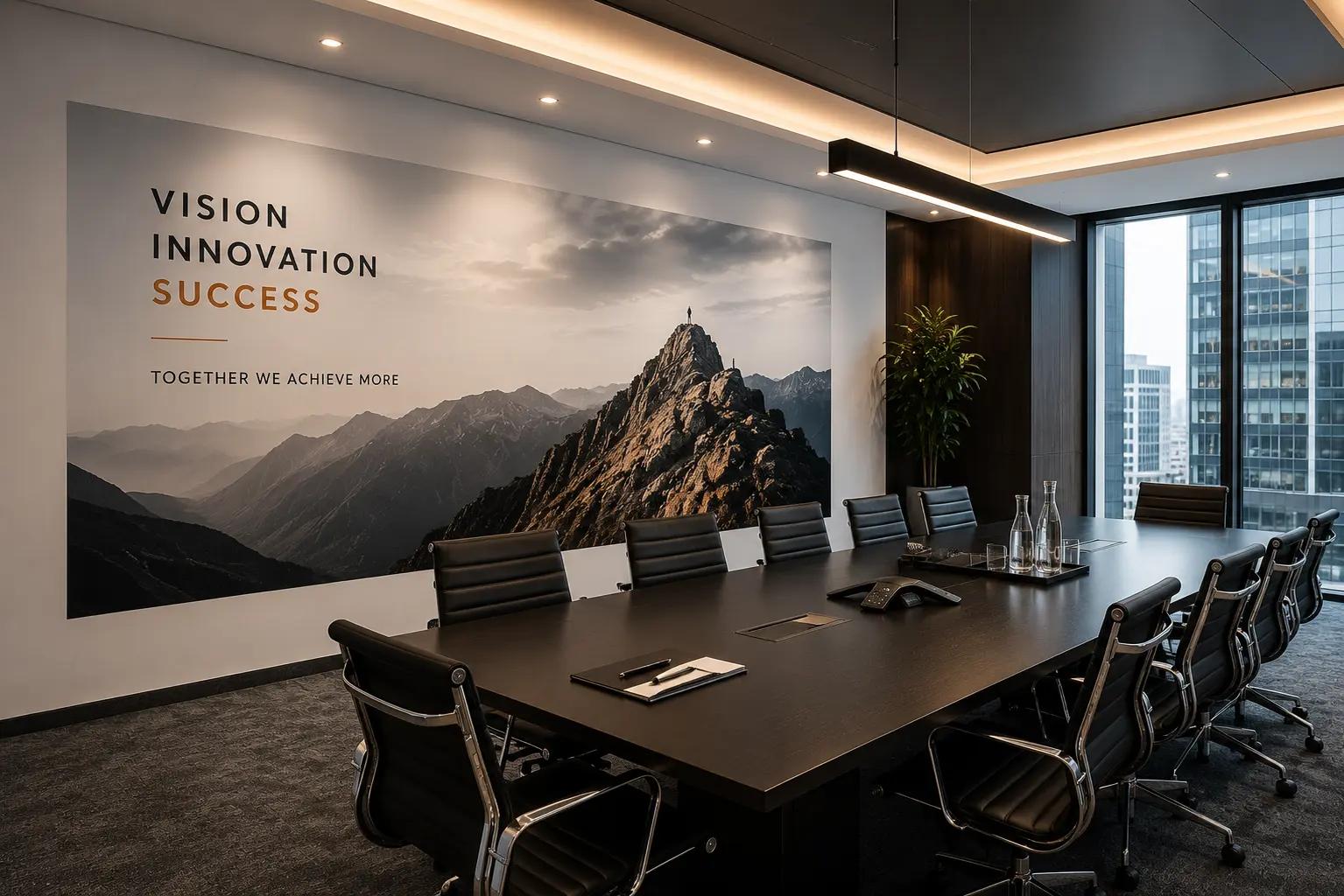 Corporate boardroom wall printed with a mountain summit mural and company values wording