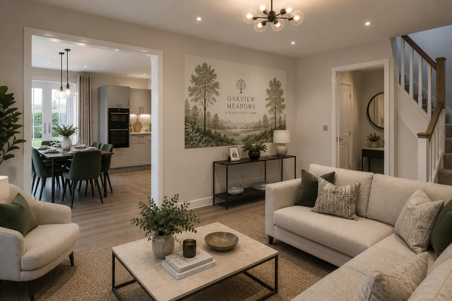 Show home living room wall printed with a soft nature mural and development branding