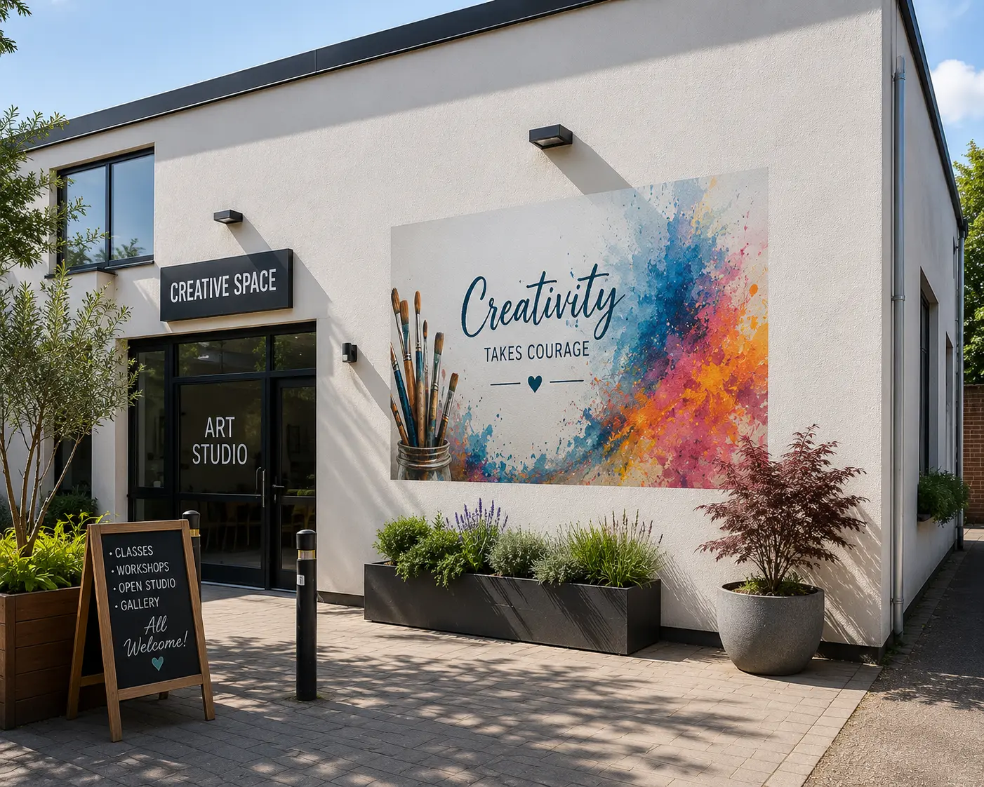 Exterior building wall printed with a bold lettering mural beside an art studio entrance