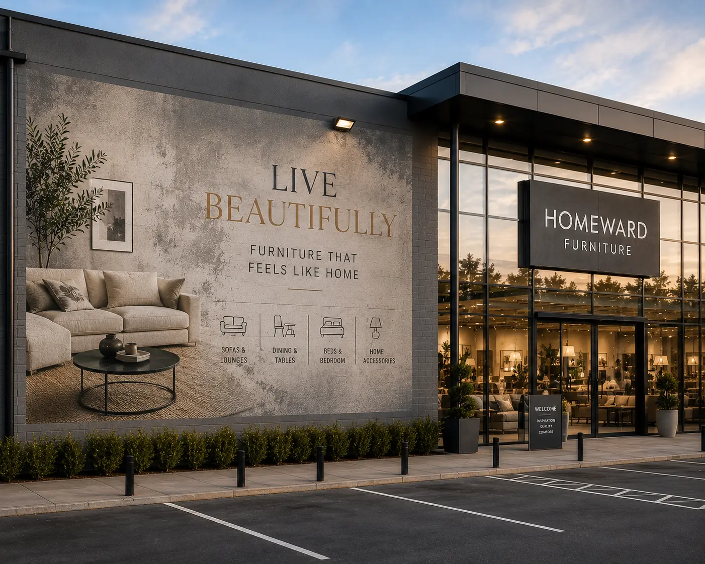 Exterior shopfront wall printed with large-format retail advertising lettering