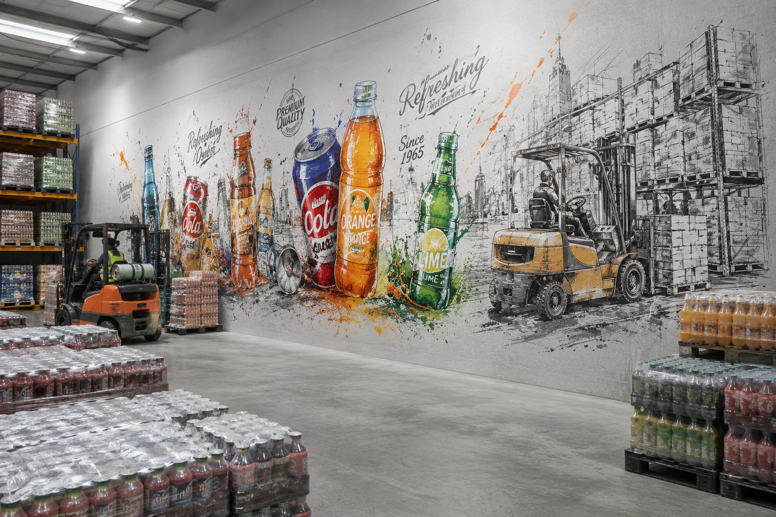 Warehouse wall printed with a giant full-colour drinks brand advertisement