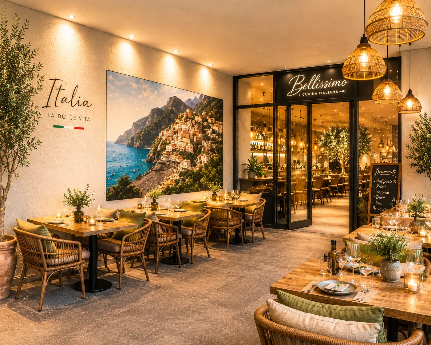 Italian restaurant interior wall printed with a scenic coastal mural