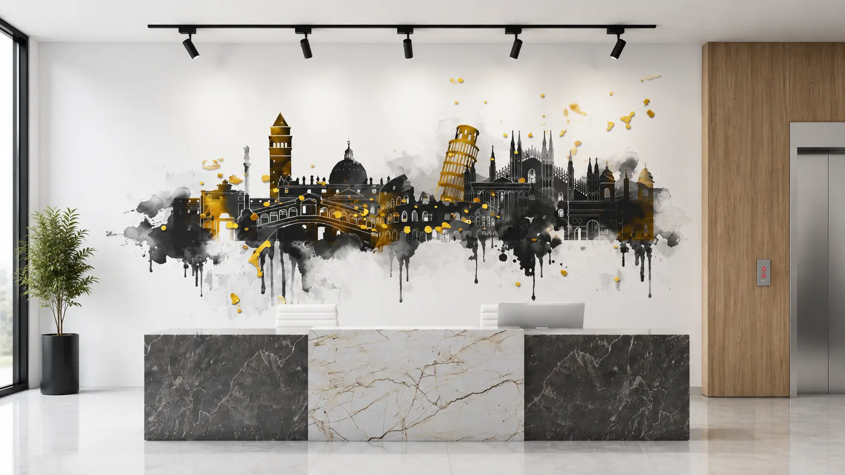 Minimalist London landmark skyline mural printed onto an office reception wall
