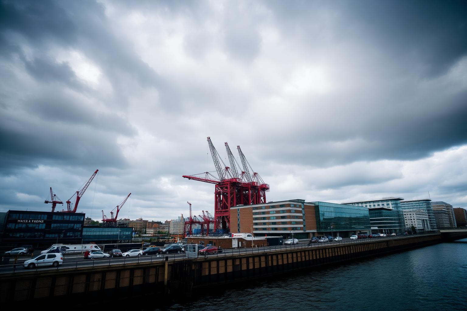 Wall printing in Belfast, with the shipyard cranes above the River Lagan