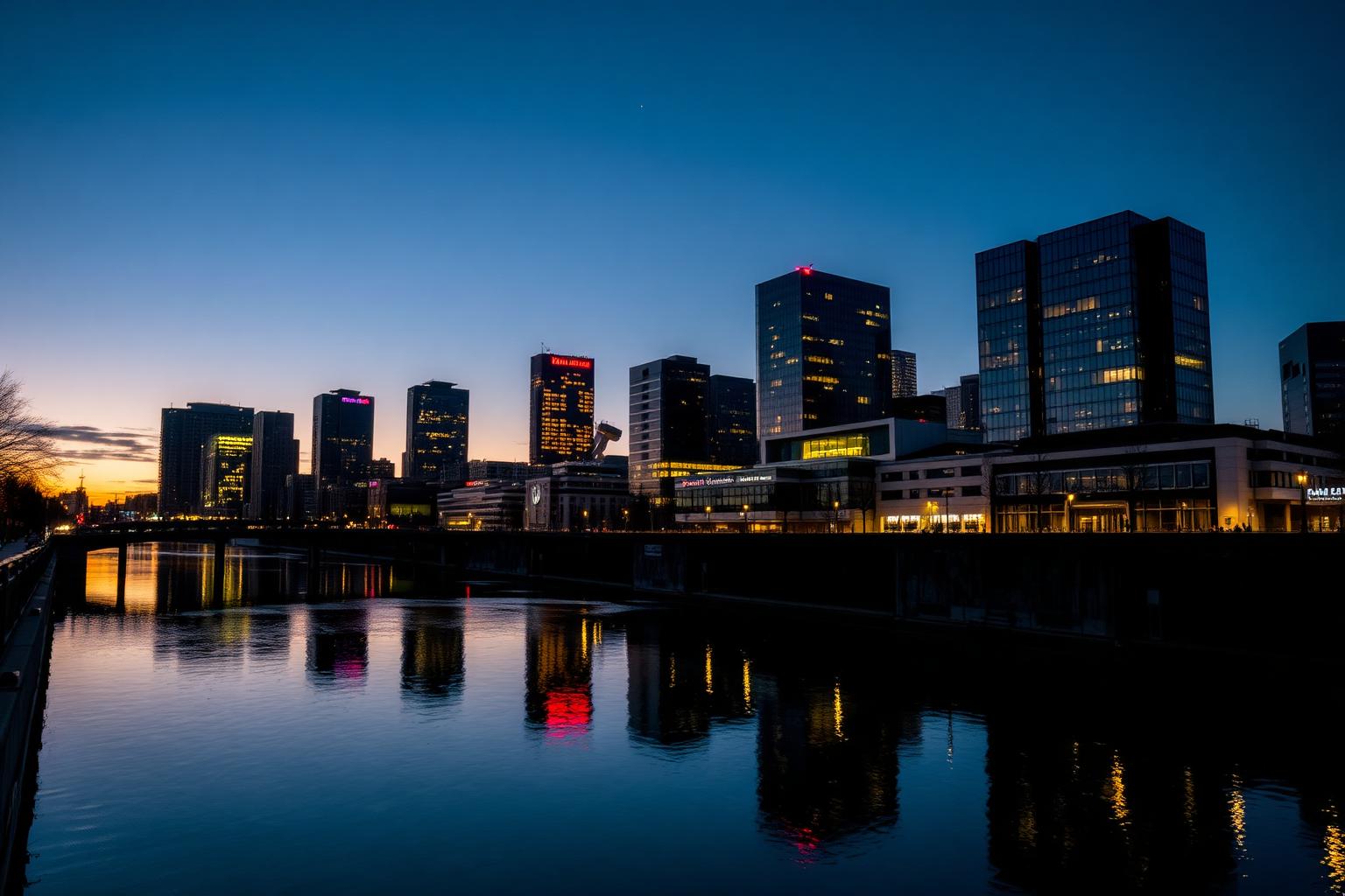 Wall printing in Birmingham, with the city skyline and canal basin at dusk