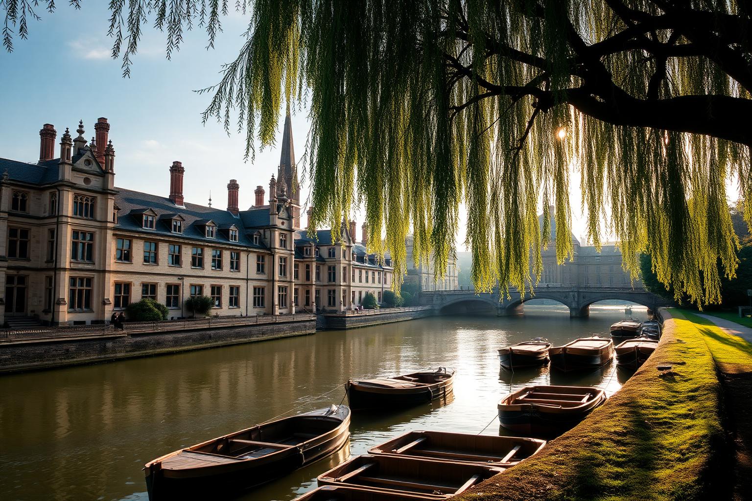 Wall printing in Cambridge, with college buildings and punts on the River Cam