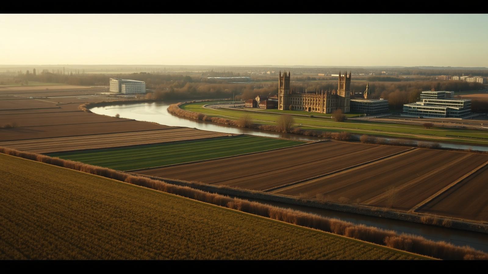 Wall printing across Cambridgeshire, with fenland fields, a river and college architecture