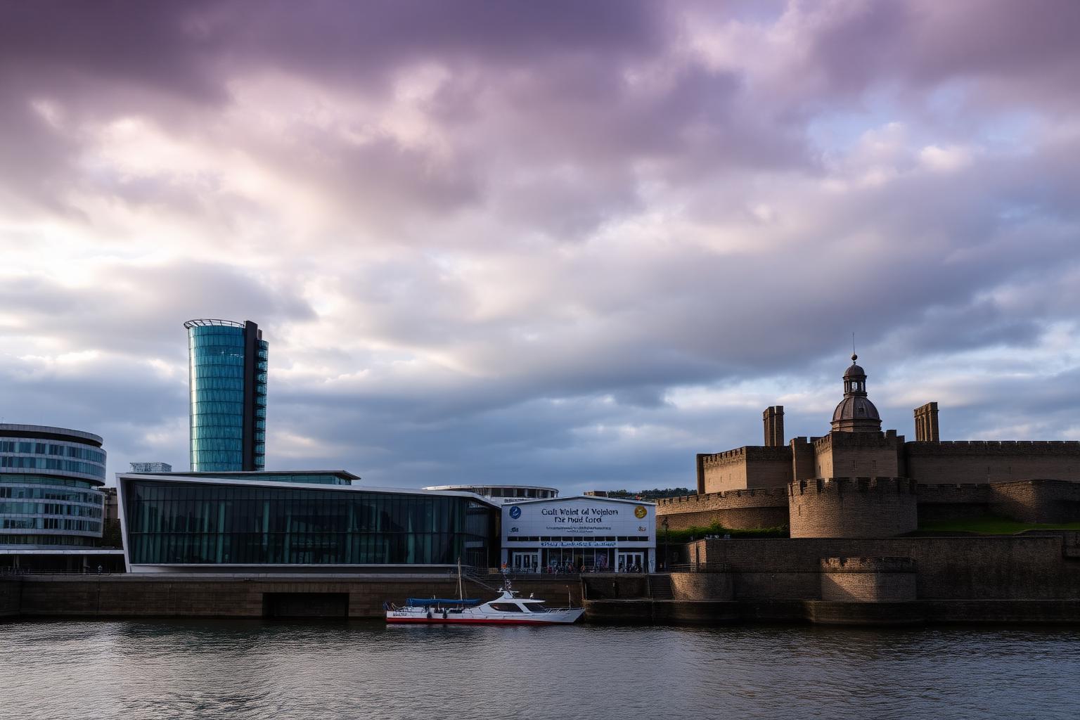 Wall printing in Cardiff, with the waterfront and castle walls under a dramatic sky