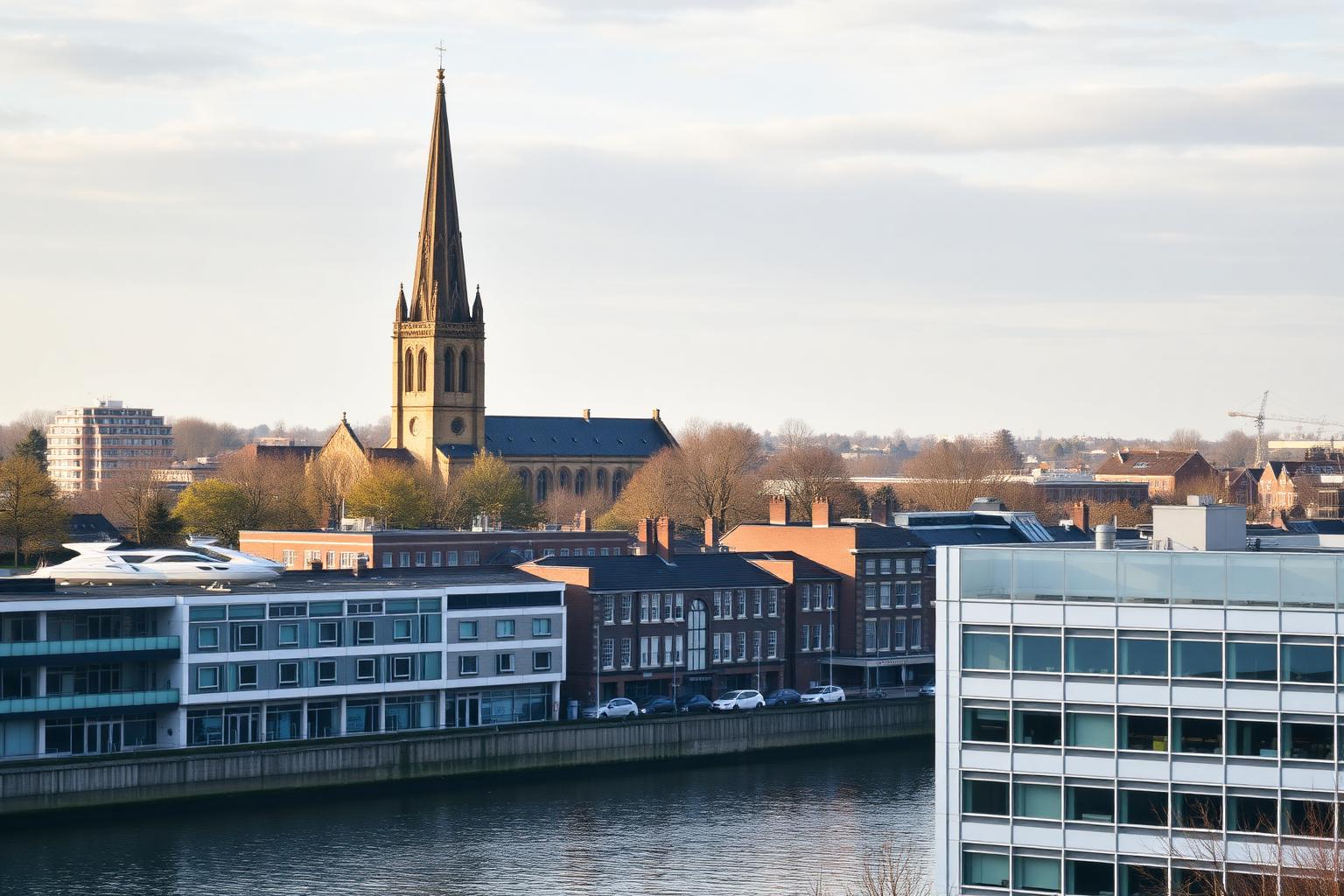 Wall printing in Chelmsford, Essex, with the cathedral city centre and riverside