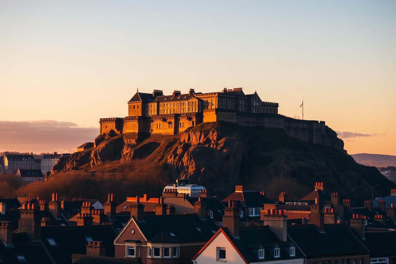 Wall printing in Edinburgh, with the castle above the old town rooftops