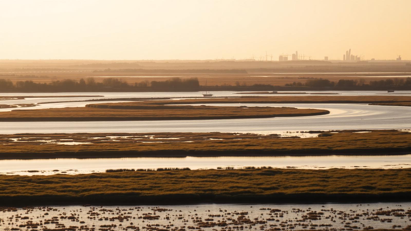 Wall printing across Essex, with the Thames estuary saltmarsh and a distant town skyline