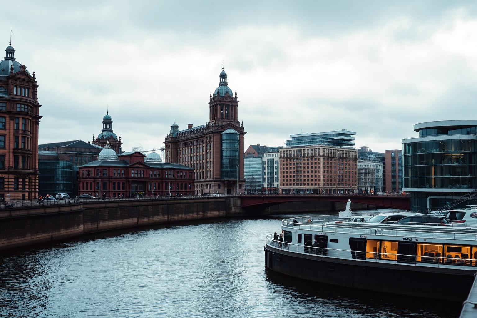Wall printing in Glasgow, with Victorian sandstone buildings along the River Clyde