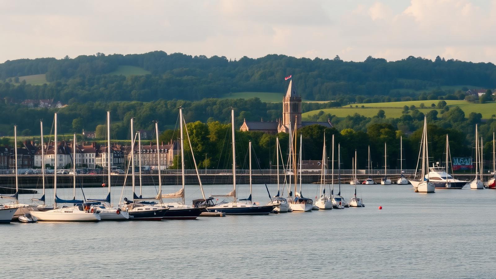 Wall printing across Hampshire, with a harbour waterfront and green countryside