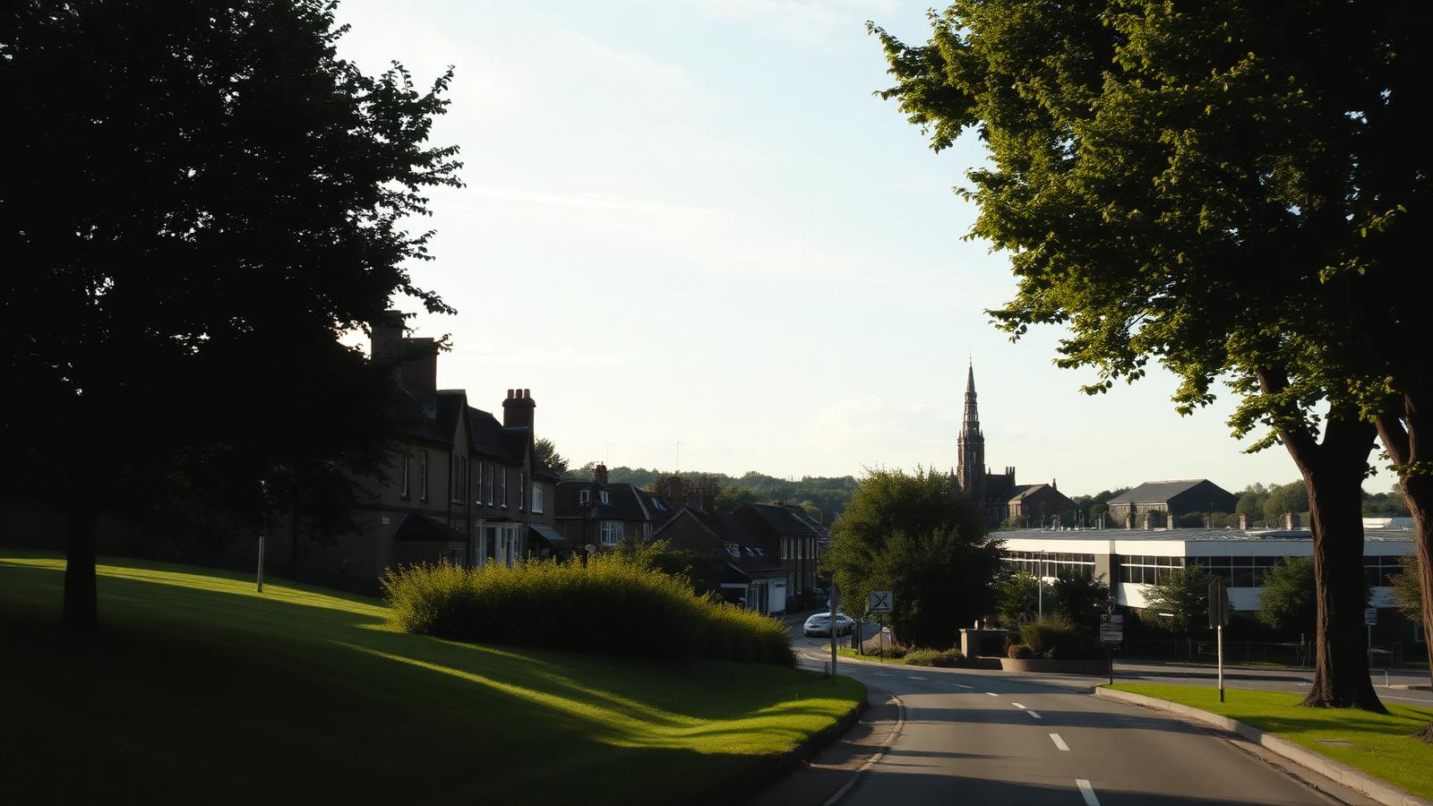 Wall printing across Hertfordshire, with a market town and commercial buildings