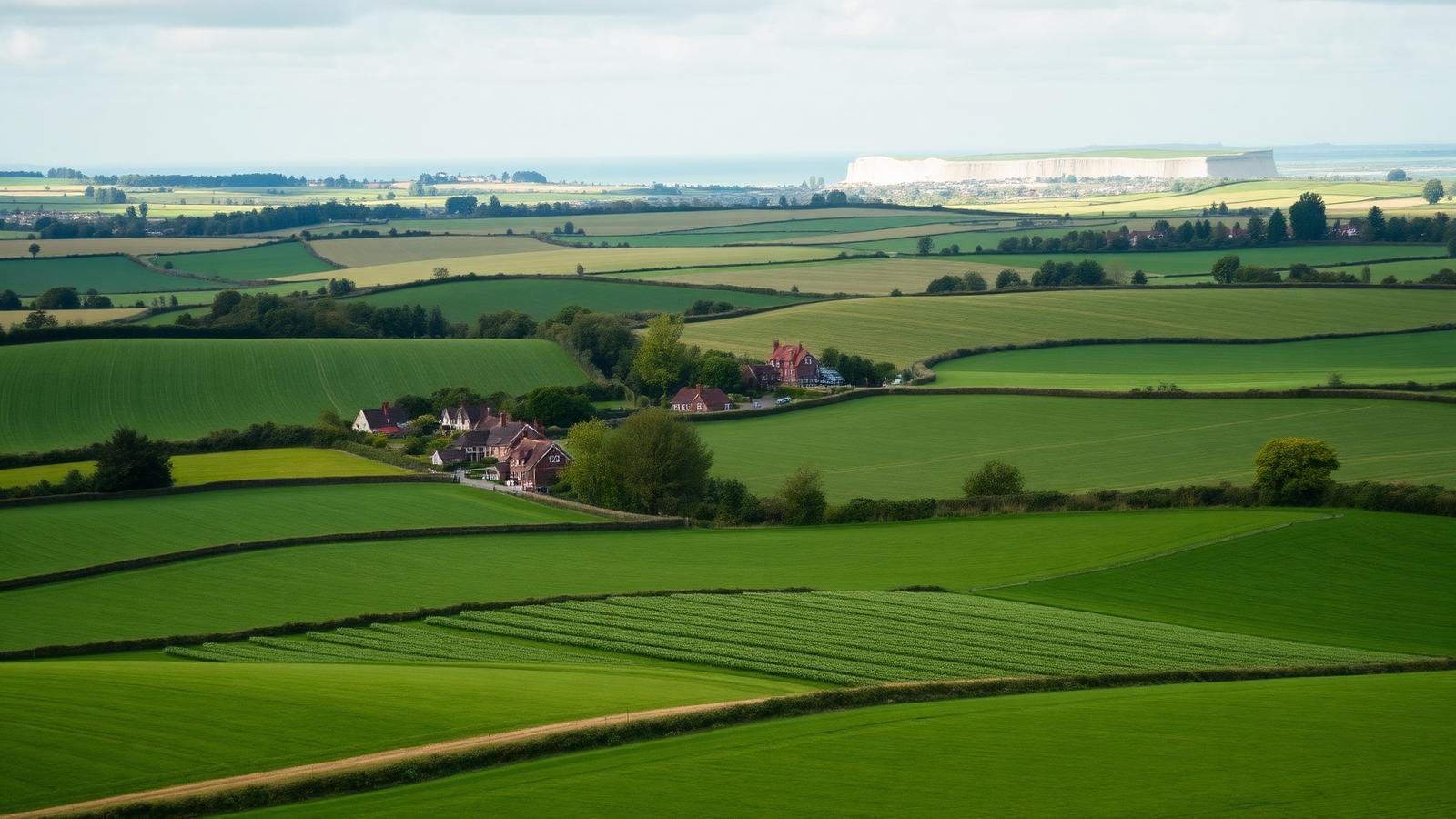 Wall printing across Kent, with rolling countryside and the coastline beyond