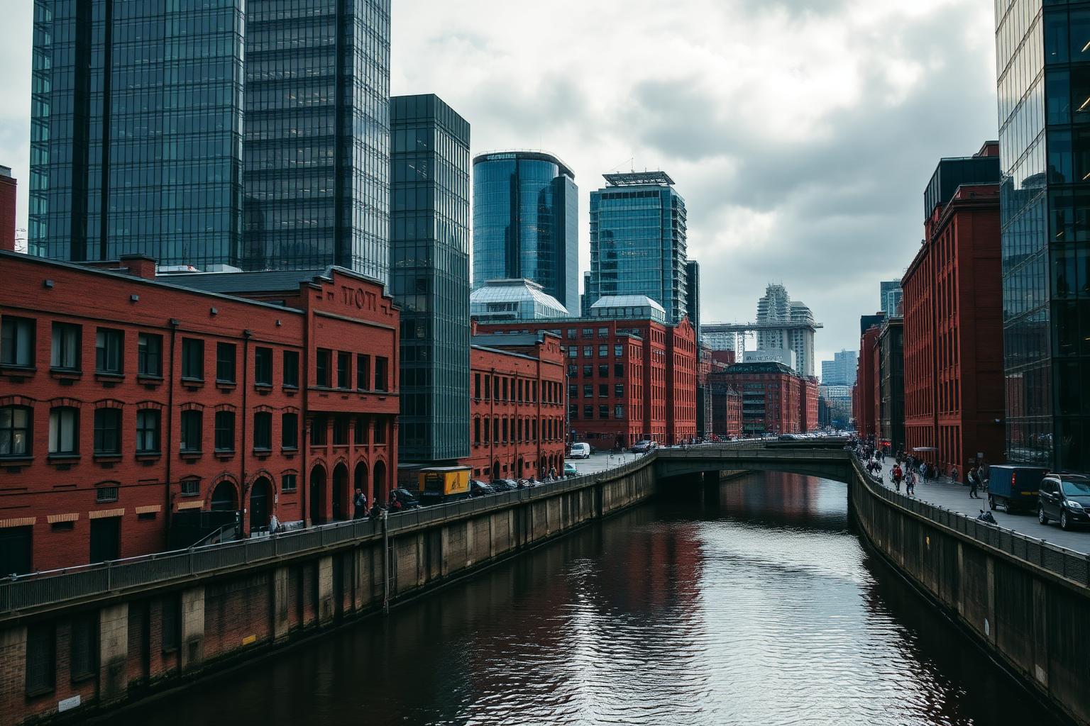 Wall printing in Manchester, with red brick warehouses beside modern towers