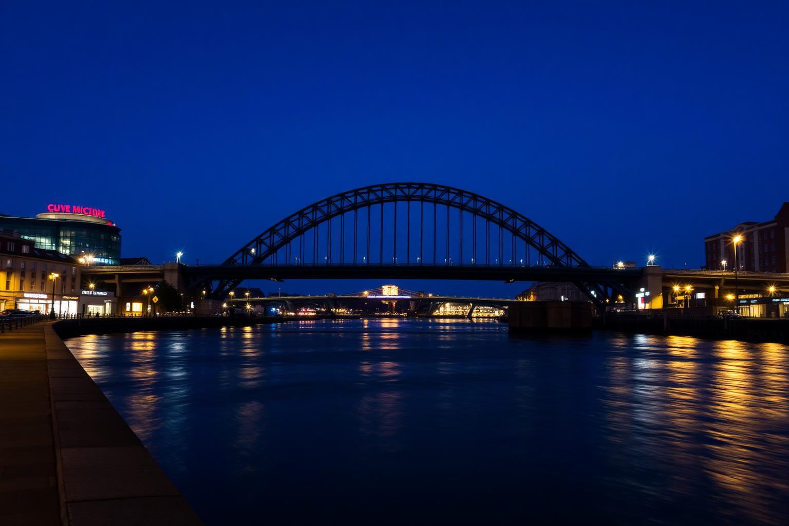 Wall printing in Newcastle upon Tyne, with the Tyne Bridge and quayside at dusk