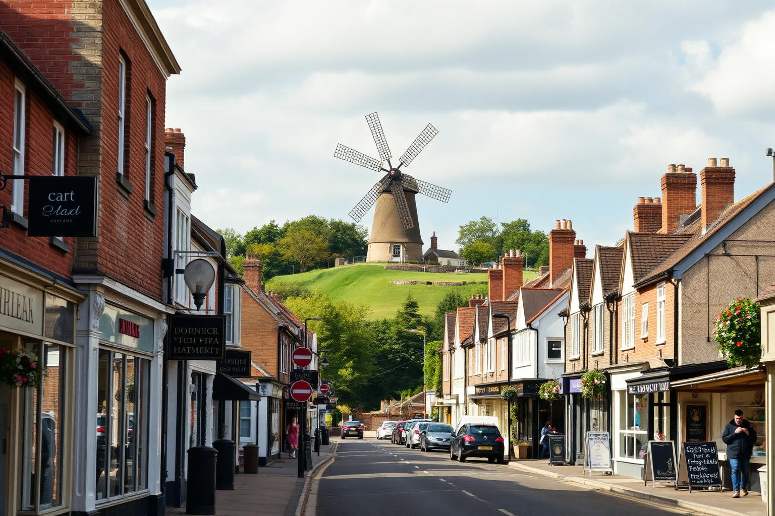 Wall printing in Rayleigh, Essex, with the historic high street and windmill