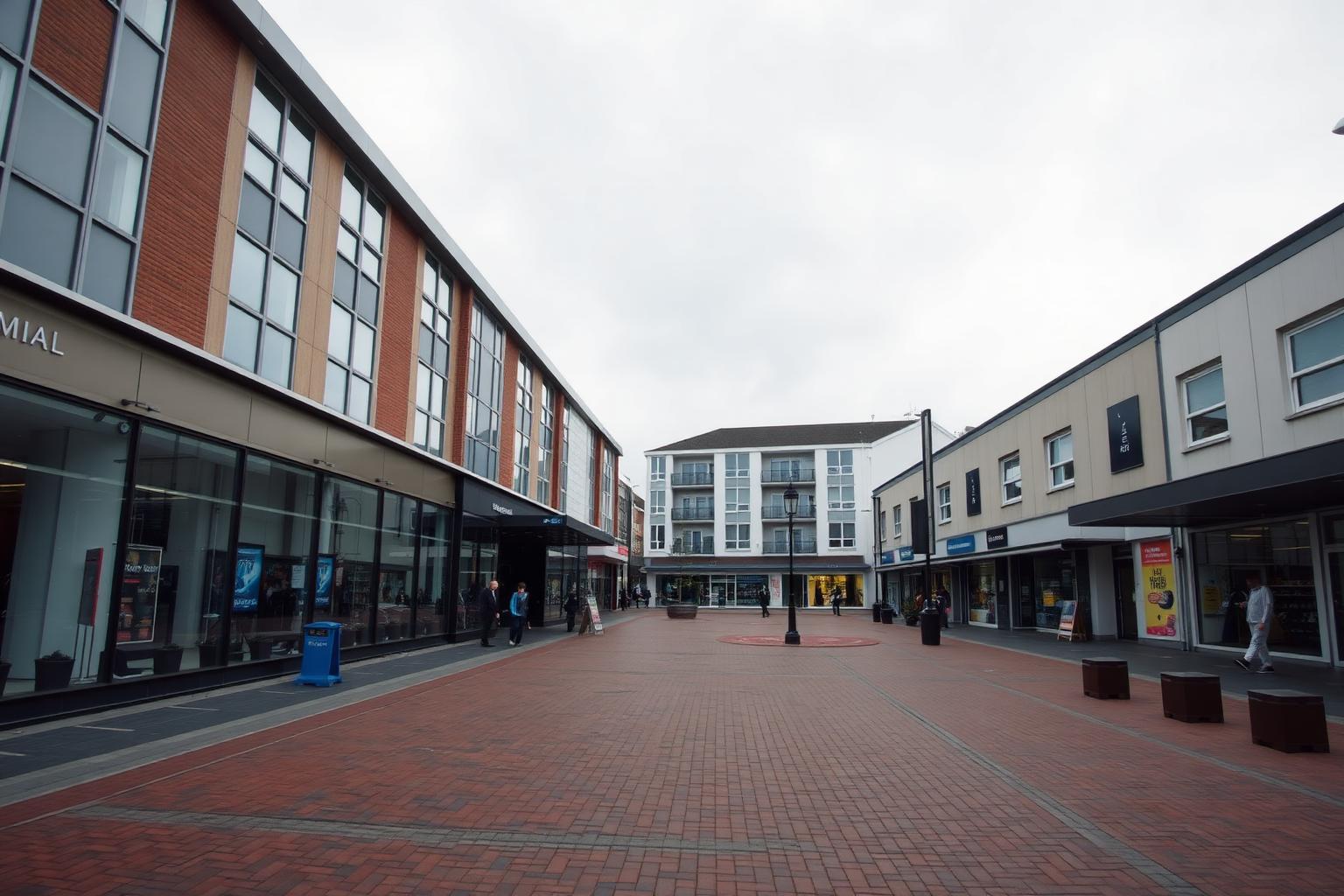 Wall printing in Romford, east London, with the town centre retail square