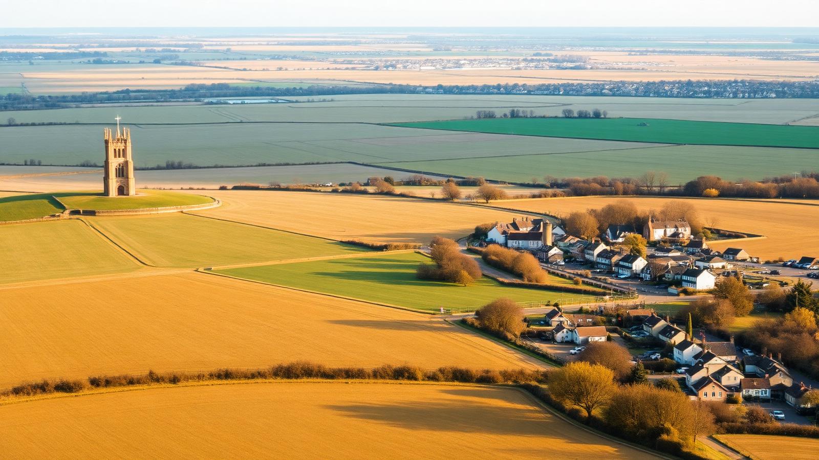 Wall printing across Suffolk, with farmland, a church tower and a market town