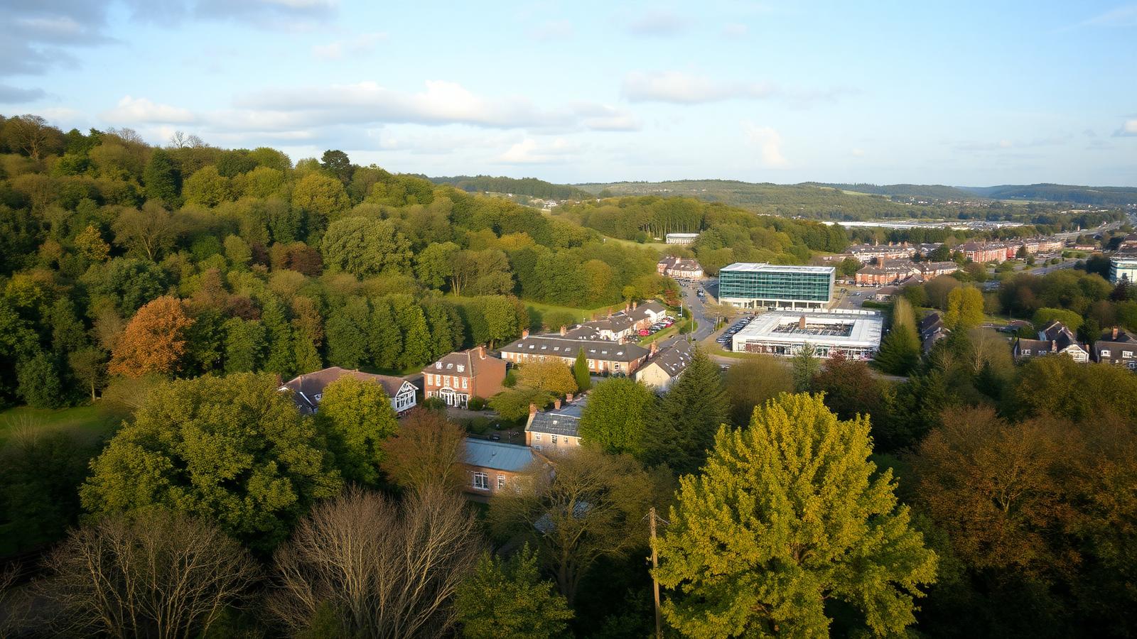 Wall printing across Surrey, with wooded hills above a town and business park